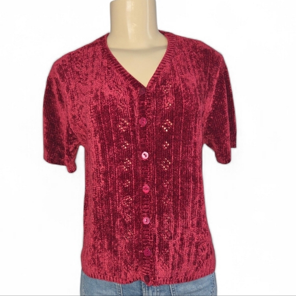 Sag Harbor Sweaters - Vintage 90s Sag Harbor Red Chenille Knit Top Women’s Small Button Front Rayon